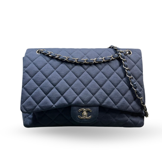 CHANEL Single Flap Jumbo Blue Jersey Shoulder Bag TS3774
