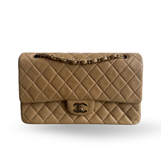 CHANEL Beige Lambskin Leather Quilted Double Flap 7S Shoulder Bag