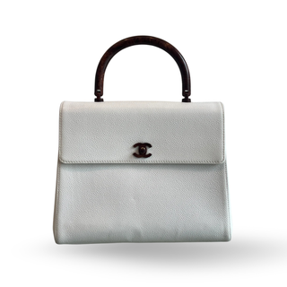 CHANEL White Caviar Leather Wood Top Handle Coco Mark Satchel