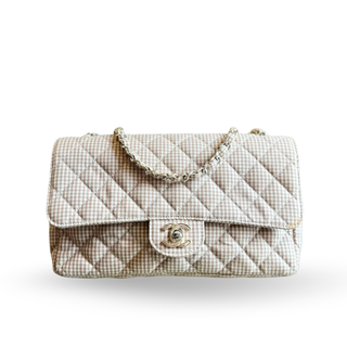 CHANEL Beige Toile Canvas Gingham Medium Single Flap
