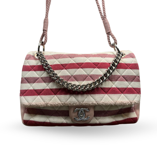CHANEL Pink/Red Striped Jersey Quilted Jumbo Flap Shoulder Bag