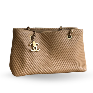 CHANEL V Stitch Chain Tote Shoulder Bag Beige Leather