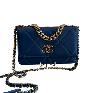 CHANEL 19 Blue Lambskin Leather Wallet On Chain