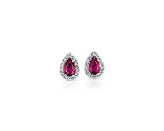 Pear-Shaped Ruby Stud Earrings With Diamond Halo In 14k White Gold (5x4mm)
