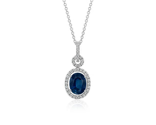 Floating Oval Twisted Pavé Pendant with Sapphire and Diamond in 18k White Gold (9x7mm)