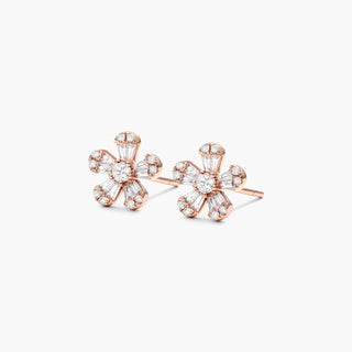 14K Rose Gold Baguette And Round Diamond Flower Earrings