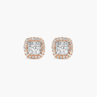 14K Rose Gold Cushion Halo Cluster Stud Earings