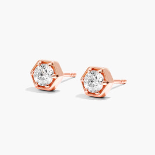 14K Rose Gold Hexagon Frame Solitaire Diamond Stud Earrings