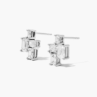 14K White Gold Assemblage Emerald Cut Lab Created Diamond Earrings