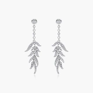 14K White Gold Leaves Cascade Diamond Drop Earrings