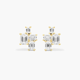 14K Yellow Gold Assemblage Emerald Cut Lab Created Diamond Earrings