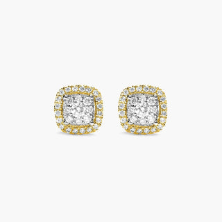 14K Yellow Gold Cushion Halo Cluster Stud Earrings