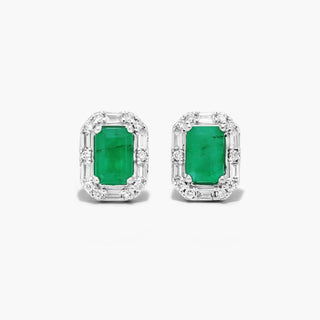 14K White Gold Allure Diamond Halo Emerald Earrings