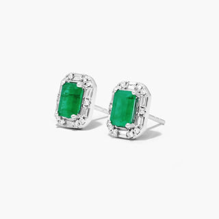14K White Gold Allure Diamond Halo Emerald Earrings