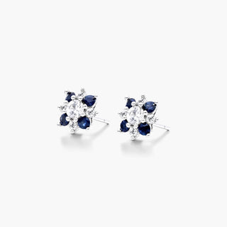 14K White Gold Blue And White Sapphire Flower Cluster Earrings