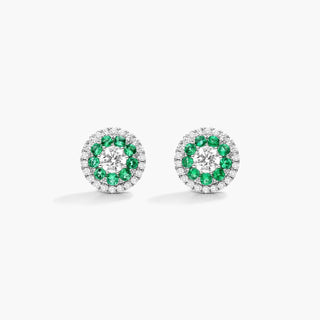 14K White Gold Double Halo Emerald And Diamond Stud Earrings