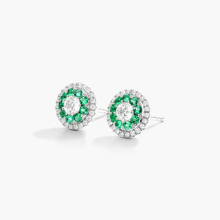 14K White Gold Double Halo Emerald And Diamond Stud Earrings