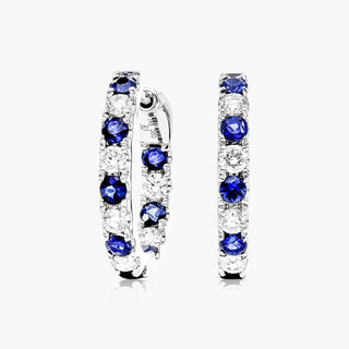 14K White Gold Inside Out Sapphire And Diamond Round Hoops, 1/2 Inch Diameter.