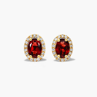 14K Yellow Gold Oval Halo Garnet And Diamond Stud Earrings
