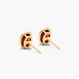 14K Yellow Gold Oval Halo Garnet And Diamond Stud Earrings