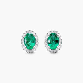 18K White Gold Oval Halo Emerald And Diamond Earrings (6.0x4.0mm)
