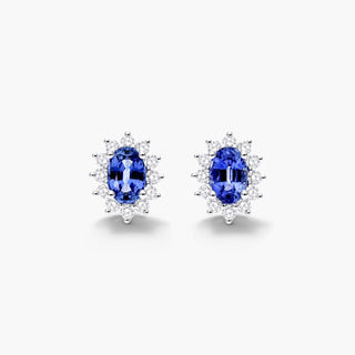 18K White Gold Oval Halo Sapphire And Diamond Earrings (6.0x4.0mm)