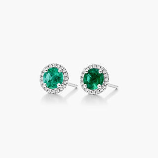 18K White Gold Round Halo Emerald And Diamond Earrings