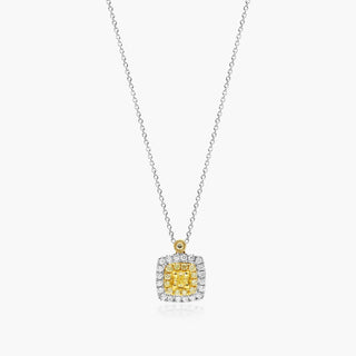 18K White And Yellow Gold Fancy Yellow Diamond Cluster Cushion Necklace