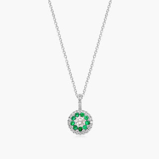 14K White Gold Double Halo Emerald And Diamond Necklace