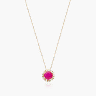 14K Yellow Gold Round Halo Ruby And Diamond Necklace (5.0mm)