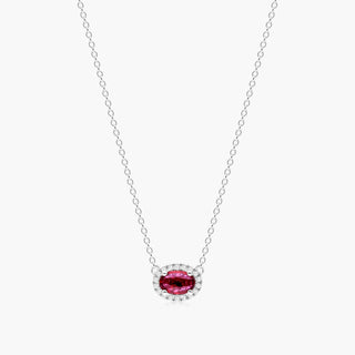 18K White Gold East West Set Oval Halo Ruby And Diamond Necklace (6.0x4.0mm)