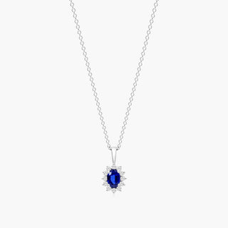 18K White Gold Oval Halo Sapphire And Diamond Necklace