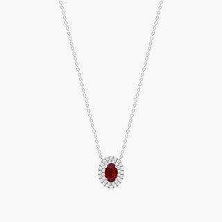 18K White Gold Oval Ruby Double Diamond Halo Necklace
