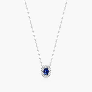 18K White Gold Oval Sapphire Double Diamond Halo Necklace