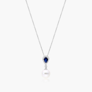 14K White Gold Akoya Cultured Pearl And Sapphire Drop Necklace (9.5mm)