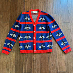 GUCCI Blue/Red Bee Jacquard Wool Cardigan SZ XL