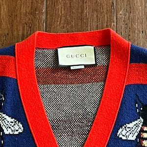 GUCCI Blue/Red Bee Jacquard Wool Cardigan SZ XL