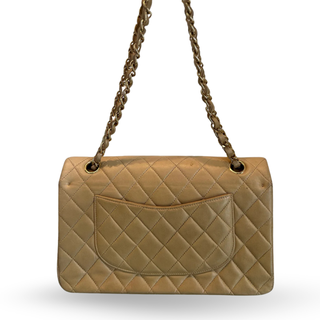 CHANEL Beige Lambskin Leather Quilted Double Flap 7S Shoulder Bag