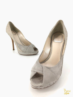 CHRISTIAN DIOR Gray Embossed Snakeskin & Suede Peep Toe Pumps SZ 37