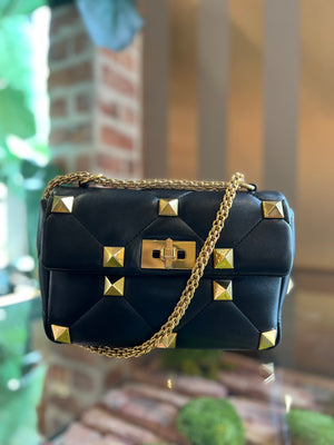 VALENTINO Black Roman Leather Rockstud Shoulder Bag