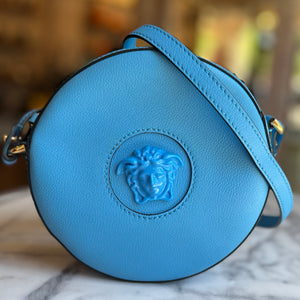 VERSACE Light Blue Calfskin La Medusa Round Camera Bag