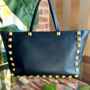 VALENTINO Black Grained Calf Skin Roman Stud Tote