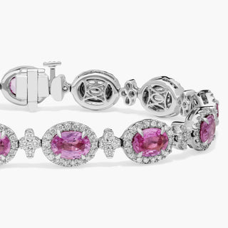 Unusual Collection: 18k White Gold Pink Sapphire and Pavé Diamond Halo Bracelet (7x5mm)