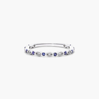 Sapphire and Diamond Ring Set in 14K White Gold with an Alternating Marquise Shape Milgrain Bezel