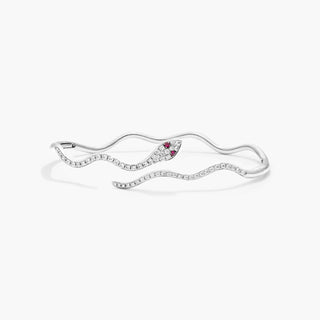 Snake-Motif Diamond and Ruby Bracelet in 14K White Gold