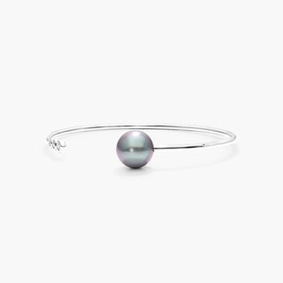 Trio Bangle Bracelet in 18K White Gold with Tahitian Cultured Pearl and Bezel-Set Diamond (11.0-12.0mm)