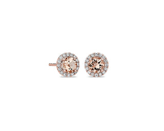 Morganite And Micropave Diamond Halo Earrings In 14k Rose Gold