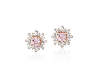 Morganite Earrings With Baguette Diamond Halo In 14k Rose Gold (5mm)