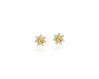 Mini Citrine Earrings With Diamond Blossom Halo In 14k Yellow Gold