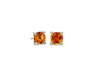 Cushion Cut Citrine And Diamond Accent Earrings In 14k Yellow Gold (7mm)